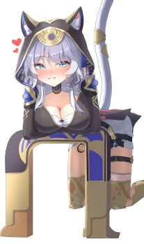 1girl absurdres animal_ear_fluff animal_ears animal_hood armored_boots black_leotard blue_eyes blush boots breast_rest breasts cat_ears cat_girl cat_hood cat_tail cipher_(honkai:_star_rail) cleavage commentary_request gold_boots grey_hair heart highres honkai:_star_rail honkai_(series) hood hooded_leotard kneeling large_breasts leotard looking_at_viewer magnet open_mouth oversized_object rua_(rua0007113) shirt short_hair_with_long_locks shorts simple_background solo tail teeth white_background white_shirt white_shorts