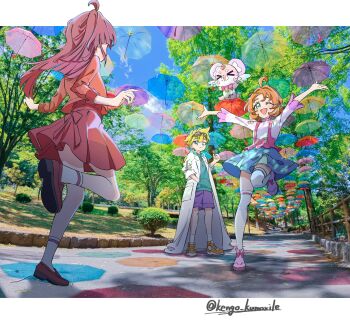>_< 1boy 3girls :d absurdres ahoge akechi_anna aqua_umbrella artist_name blonde_hair blue_hoodie blue_skirt blue_sky blue_umbrella bow bush candy cloud coat collared_coat colored_shadow dress fence food full_body goggles goggles_on_head grass green_eyes green_umbrella highres holding holding_candy holding_food holding_lollipop hood hood_down hoodie jacket jett_(precure) kengo_kumaxile kobayashi_mikuru lab_coat lollipop long_hair long_sleeves meitantei_precure! multiple_girls one_eye_closed open_mouth orange_hair orange_shoes orange_umbrella overall_skirt overalls park pink_overskirt pink_shirt pink_shoes pink_umbrella pochi-tan precure purple_hair purple_shorts purple_umbrella red_dress red_jacket red_shoes red_umbrella shadow shirt shoes shorts single_horizontal_stripe skirt sky sleeves_pushed_up smile socks spiked_hair standing standing_on_one_leg thighhighs three-quarter_sleeves too_many_umbrellas tree umbrella umbrella_sky white_coat white_socks white_thighhighs wings wooden_fence
