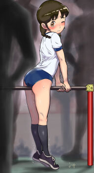 1girl 3boys amano_natsume ass blush breasts brown_eyes brown_hair buruma clenched_teeth crotch_rub exercising flat_chest girl_on_top horizontal_bar jipin loli multiple_boys one_eye_closed ponytail pussy_juice school_uniform shadow shorts silhouette small_breasts straddling sweat teeth tiptoes trembling youkai_watch youkai_watch_shadowside