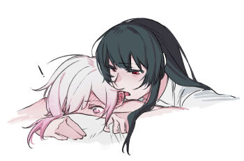 ! 2girls black_hair blush chinese_commentary collared_shirt commentary_request ear_blush ear_licking heihuamu1 licking lying mahou_shoujo_no_majo_saiban multiple_girls nikaido_hiro on_stomach pink_eyes pink_hair red_eyes sakuraba_ema shirt simple_background white_background white_shirt yuri