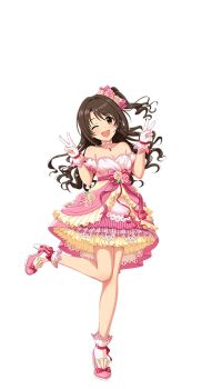 Rule 34 | 1girl, breasts, brown eyes, brown hair, cleavage, double v, dress, flower, full body, gloves, hair ornament, high heels, idol clothes, idolmaster, idolmaster cinderella girls, idolmaster cinderella girls starlight stage, official art, one eye closed, one leg raised, open mouth, shimamura uzuki, side ponytail, solo, transparent background, v