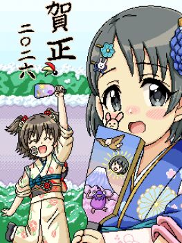 2girls :d ^_^ akagi_miria arm_up black_hair blue_kimono blush blush_stickers brown_hair brown_kimono closed_eyes commentary_request facepaint floral_print grey_eyes hagoita hair_ornament hairclip hane_(hanetsuki) hanetsuki highres holding holding_paddle idolmaster idolmaster_cinderella_girls japanese_clothes kimono multiple_girls nose_blush obi open_mouth paddle pixel_art print_kimono regular_mow sasaki_chie sash short_sleeves smile tasuki translation_request two_side_up