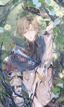 1boy absurdres aqua_eyes belt black_belt black_gloves black_shirt blonde_hair blue_cloak blue_flower chashuimeifiom chinese_commentary claw_(weapon) cloak daisy_(flower) ear_piercing earrings facing_viewer feather_necklace flower from_above gloves hand_up highres hip_bones jewelry lars_rorschach lars_rorschach_(eden) layered_shirt long_sleeves lovebrush_chronicles lying male_focus medium_hair midriff morning_glory necklace on_back on_grass parted_lips piercing plant ribbon shadow shirt sideways_glance sleeve_garter solo stomach_tattoo stud_earrings swept_bangs tattoo toned toned_male torn_clothes torn_shirt turtleneck turtleneck_shirt undershirt upper_body vines weapon white_flower white_shirt yellow_ribbon