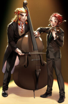 Rule 34 | 2boys, :d, alternate costume, black coat, black jacket, black pants, black shoes, black suit, blonde hair, bow (music), brown vest, cello, checkered necktie, coat, collared shirt, colored tips, commentary request, contemporary, dress shirt, earrings, forked eyebrows, formal clothes, full body, green necktie, hair slicked back, hanafuda earrings, hashimoto (yanagi-momo), highres, holding, holding bow (music), holding instrument, holding violin, instrument, jacket, jewelry, kamado tanjirou, kimetsu no yaiba, light particles, long hair, long sleeves, looking at another, looking at viewer, male focus, multicolored hair, multicolored necktie, multiple boys, music, necktie, open mouth, orange necktie, pants, playing instrument, red eyes, red hair, red necktie, rengoku kyoujurou, scar, scar on face, scar on forehead, shirt, shoes, short hair, smile, standing, streaked hair, striped clothes, striped necktie, suit, two-tone hair, vest, violin, white shirt, wing collar, yaoi, yellow eyes