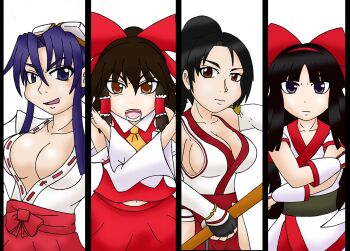 4girls absurdres ainu_clothes black_eyes blue_eyes blue_hair breasts brown_eyes brown_hair cleavage crossed_arms crossover dead_or_alive fighting_stance fingerless_gloves gloves goggles goggles_on_head hair_ribbon hakurei_reimu highres japanese_clothes legs long_hair long_skirt looking_at_viewer midriff miko momiji_(ninja_gaiden) multiple_girls naginata nakoruru navel_peek ninja_gaiden no_bra open_mouth polearm ponytail ribbon samurai_spirits sengoku_blade serious sideboob skirt smile snk the_king_of_fighters thighs togashi_koyori tongue touhou weapon