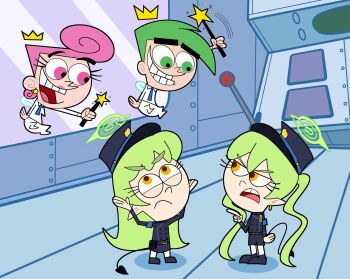 1boy 3girls :d armband black_coat black_hat blue_archive blue_armband blue_necktie buttons chibi clenched_teeth coat commentary cosmo_(fairly_oddparents) creammilk_tea crossover crown demon_girl demon_tail double-breasted english_commentary fairy fairy_wings frown full_body green_eyes green_hair green_halo grin halo hands_up hat highres hikari_(blue_archive) indoors lever looking_at_another multiple_girls necktie nozomi_(blue_archive) open_mouth peaked_cap pink_eyes pink_hair pointy_ears shirt smile standing tail teeth the_fairly_oddparents toon_(style) twintails v-shaped_eyebrows wanda_(fairly_oddparents) white_shirt window wings yellow_eyes