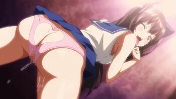 1girl animal_ears animated animated_gif anus ass ass_cutout backless_panties brown_hair butt_crack censored clothing_cutout heart_cutout ima_ria long_hair microphone one_eye_closed open_mouth panties pixelated pussy pussy_juice school_uniform tongue tongue_out underwear wink