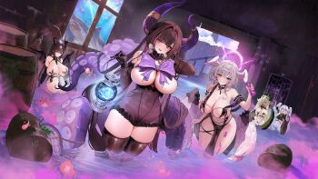 &gt;_&lt; 5girls adventure_(azur_lane) adventure_(master_of_the_safe_house)_(azur_lane) azur_lane barrel black_hair black_thighhighs breast_ribbon breasts covering_breasts covering_privates demon_wings head_wings highleg highleg_panties highres holding holding_lantern huge_breasts lantern large_breasts long_hair looking_at_viewer lyme_(azur_lane) lyme_(corrupting_trap)_(azur_lane) multiple_girls official_alternate_costume official_art panties pearl_(azur_lane) pearl_(fallen_angel_in_the_dark_castle)_(azur_lane) pelvic_curtain purple_panties queen_anne&#039;s_revenge_(azur_lane) queen_anne&#039;s_revenge_(call_of_the_creeping_embrace)_(azur_lane) red_eyes royal_james_(azur_lane) royal_james_(the_forbidden_slurp)_(azur_lane) shark sharp_teeth short_hair suction_cups teeth tentacle_arm tentacles thighhighs third-party_source underwear wings
