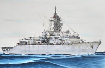 cloud cloudy_sky commentary_request highres japan_maritime_self-defense_force japan_self-defense_force jds_kashima_(tv-3508) mast military military_vehicle no_humans ocean original rising_sun_flag sailing ship ship_turret sky smile_(jdsmyoko) smokestack sunburst warship watercraft waves