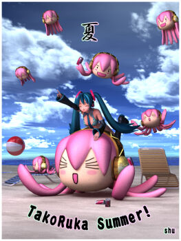 >_< 1girl 3d artist_name ball beach beachball bikini black_boots black_sleeves blue_bikini blue_hair blue_necktie blue_sky boots border can chair character_name clone cloud commentary_request day flying hair_between_eyes hatsune_miku headphones holding holding_can long_hair long_sleeves lounge_chair megurine_luka necktie on_head open_mouth outdoors outstretched_arm pink_hair pointing prehensile_hair shu_(la-placetick) sky sleeves_past_wrists smile striped_bikini striped_clothes summer swimsuit takoluka tentacle_hair twintails vocaloid white_border