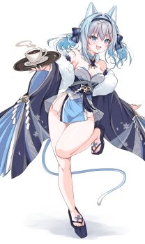 1girl :d absurdres animal_ears arm_behind_back azur_lane bare_legs bare_shoulders blue_eyes blue_hair blue_hairband blue_ribbon blush breasts cat_ears cat_girl cat_tail coffee commentary_request detached_collar detached_sleeves dress hair_between_eyes hair_ornament hair_ribbon hairband hand_up happy highres hip_focus holding holding_tray legs medium_breasts medium_hair microdress mikuchi3939 open_mouth ribbon smile solo standing standing_on_one_leg strapless strapless_dress suzunami_(azur_lane) tail teeth thigh_gap thighs tray upper_teeth_only x_hair_ornament