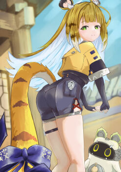 1girl absurdres animal_ear_fluff animal_ears architecture ass ass_focus bangboo_(zenless_zone_zero) bare_legs black_gloves blonde_hair blue_bow blue_sky blurry blurry_background bow closed_mouth clothing_cutout colored_inner_hair commentary_request east_asian_architecture elbow_gloves expressionless facing_viewer feet_out_of_frame fingerless_gloves from_behind gloves green_eyes hands_up high-waist_shorts highres jacket ju_fufu kneepits large_bow large_tail leaning_forward loli long_hair looking_back looking_to_the_side multicolored_hair outdoors ribbon sakazukin short-sleeved_jacket short_sleeves shorts sky solo split_mouth standing tail tail_bow tail_ornament tail_ribbon tail_through_clothes thigh_strap thighs tiger_ears tiger_girl tiger_stripes tiger_tail turning_head very_long_hair yellow_jacket zenless_zone_zero