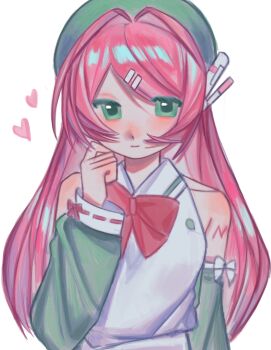 1girl apron bare_shoulders beret blush bow closed_mouth detached_sleeves dress green_eyes green_hat green_sleeves hair_intakes hair_ornament hairclip hashtag-only_commentary hat heart highres light_smile long_hair milkmikeee momone_momo pink_hair red_bow robot_ears shoulder_blush shoulder_tattoo simple_background smile solo tattoo upper_body utau white_apron white_background