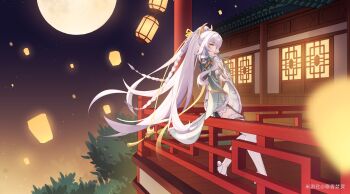 Rule 34 | 1girl, absurdres, architecture, bamboo, blue eyes, braid, bright pupils, china dress, chinese clothes, chinese commentary, closed mouth, commentary request, crescent, crescent hair ornament, dress, east asian architecture, full body, full moon, genshin impact, hair ornament, hanxiang mengling, high ponytail, highres, lantern, lattice, long hair, looking at viewer, miyoushe watermark, moon, night, outdoors, paper lantern, ponytail, sky, sky lantern, solo, star (sky), thighhighs, tree, very long hair, watermark, white dress, white hair, white pupils, white thighhighs, yellow eyes, zibai (genshin impact)