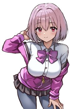 1girl black_pantyhose black_skirt blush breasts closed_mouth commentary_request cowboy_shot gridman_universe highres jacket large_breasts miniskirt mota_saru pantyhose pleated_skirt purple_eyes purple_hair purple_jacket shirt short_hair simple_background skirt smile solo ssss.gridman takarada_rikka white_background white_shirt