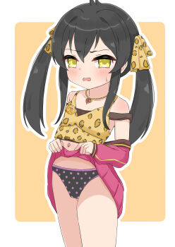 1girl absurdres ahoge animal_print black_camisole black_hair black_panties blush cameltoe camisole clothes_lift cowboy_shot embarrassed female_focus hair_ribbon heart heart_necklace highres idolmaster idolmaster_cinderella_girls idolmaster_cinderella_girls_u149 jacket jewelry leopard_print lifting_own_clothes loli long_hair long_sleeves looking_at_viewer matoba_risa midriff momoyotsu navel necklace off-shoulder_jacket off_shoulder open_clothes open_jacket open_mouth orange_shirt panties pink_jacket pink_skirt polka_dot polka_dot_panties print_panties print_shirt ribbon shirt skirt skirt_lift solo standing stomach strap_slip sweat tank_top thighs twintails underwear yellow_background yellow_eyes