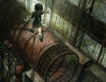 1girl absurdres artist_name balancing black_eyes black_sailor_collar black_shirt black_shoes black_socks from_above halo highres indoors industrial_pipe kneehighs loafers maomi_jita neckerchief original outstretched_arms pleated_skirt sailor_collar sailor_shirt school_uniform serafuku shirt shoes short_hair short_sleeves skirt socks solo spread_arms transparent_halo transparent_wings walking white_neckerchief wide_shot wings