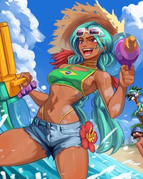 1boy 3girls ahoge alternate_skin_color aqua_hair argentinian_flag argentinian_flag_print argentinian_miku arm_tattoo ass back background_activity beach bikini bikini_under_clothes blue_sky braid brazilian_miku brazilian_miku_(cosplay) breasts bush butt_crack cityscape climbing_tree clothes_pull cloud cloud_tattoo commentary_request cosplay crop_top crossover cutoffs dark-skinned_female dark_skin day denim denim_shorts facial_hair feet feet_out_of_frame flag_print flower hair_ornament hairclip hand_above_head hat hatsune_miku highres hip_tattoo holding holding_water_gun in_water jinx_(league_of_legends) league_of_legends leaning_forward linea_alba long_hair looking_at_another looking_up low_twin_braids medium_breasts midriff multiple_girls mustache navel ocean open_mouth outdoors palm_tree purple_eyes purple_hair rainbow rainbow_tattoo reaching sand scared scrunchie shirt short_sleeves shorts shorts_pull sideboob skinny sky smile soles spanish_commentary spread_legs straw_hat striped_clothes striped_shirt sunglasses_on_head sunglasses_removed swimsuit t-shirt tan tattoo teeth topless_male tree twin_braids twintails unworn_eyewear vertical-striped_clothes vertical-striped_shirt vlizz vocaloid wading water water_gun wet when_you_see_it wide-eyed wrist_scrunchie x_hair_ornament yellow_shirt