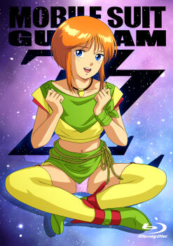 1980s_(style) 1girl absurdres blue_eyes clenched_hands collarbone elpeo_puru english_text flat_chest gundam gundam_zz highres indian_style jewelry kitazume_hiroyuki_(style) midriff moemaru_miyako navel necklace oldschool open_mouth orange_hair panties pantyshot pink_panties retro_artstyle science_fiction shoes short_hair sidelocks sitting smile solo space star_(sky) teeth thighhighs thighs underwear upper_teeth_only zettai_ryouiki