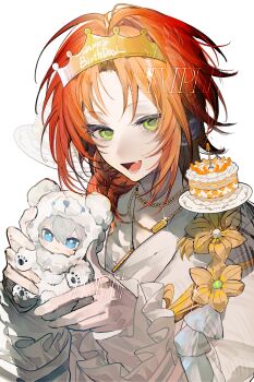 Rule 34 | 1boy, absurdres, arumaru, birthday cake, cake, chain, chain necklace, character doll, chinese commentary, commentary request, commission, crown, curtained hair, doll, ensemble stars!, fang, flower, food, frilled shirt, frilled sleeves, frills, gold necklace, green eyes, hands up, happy birthday, highres, holding, holding doll, jewelry, long sleeves, male focus, medium hair, messy hair, necklace, open mouth, orange hair, sample watermark, second-party source, sena izumi (ensemble stars!), shirt, side ponytail, sidelocks, simple background, solo, tsukinaga leo, watermark, white background, white shirt, yellow flower