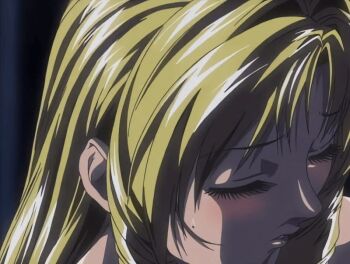 00s 1girl 2002 animated animated_gif anime_screenshot bible_black bible_black_night_of_the_walpulgiss blonde_hair blush drill_hair drill_sidelocks drooling green_eyes implied_sex long_hair open_mouth shiraki_rika shirt sidelocks solo tagme