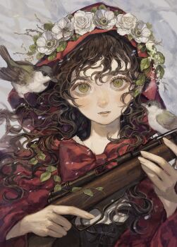 1girl absurdres animal animal_on_head bird bird_on_head blouse blush brown_eyes brown_hair cloak curly_hair flower_wreath gun hair_between_eyes hair_vines head_wreath highres holding holding_weapon long_hair long_sleeves on_head parted_lips plant red_cloak rifle sayoko_(sayosny2) shirt smile solo sparrow vines weapon white_shirt