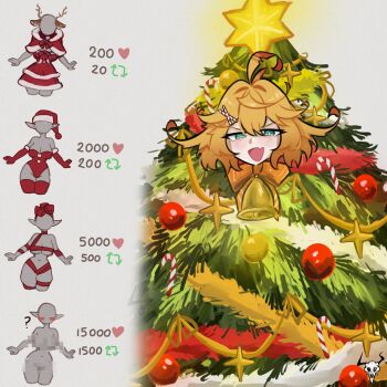 1girl :d ? absurdres ahoge artist_logo bell blonde_hair candy candy_cane censored christmas_tree_costume commentary dokibird english_commentary fang food green_eyes grey_background hair_between_eyes hair_ornament highres indie_virtual_youtuber laphurus like_and_retweet logo looking_at_viewer mosaic_censoring naked_ribbon neck_bell open_mouth ribbon santa_costume simple_background skin_fang smile solo twitter_strip_game virtual_youtuber x_hair_ornament