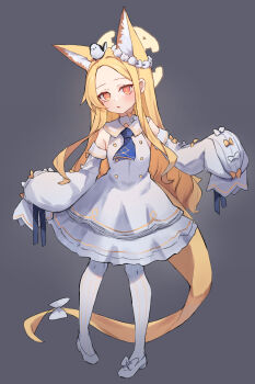 1girl animal animal_ear_fluff animal_ears animal_on_head bird blonde_hair blue_archive bow commentary detached_sleeves dress english_commentary flower forehead fox_ears fox_girl fox_tail full_body grey_background halo highres long_hair long_sleeves looking_at_viewer miya_(miyaruta) on_head orange_eyes pantyhose parted_bangs parted_lips puffy_long_sleeves puffy_sleeves seia_(blue_archive) shoes simple_background sleeveless sleeveless_dress sleeves_past_fingers sleeves_past_wrists solo standing striped_clothes striped_pantyhose tail tail_bow tail_ornament vertical-striped_clothes vertical-striped_pantyhose very_long_hair white_bow white_dress white_flower white_pantyhose white_shoes white_sleeves