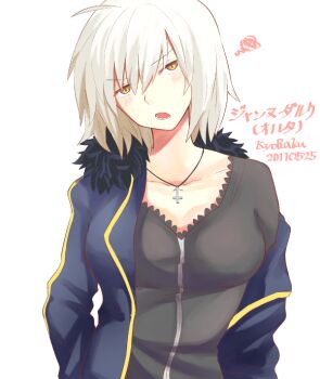 1girl adapted_costume blonde_hair breasts brown_eyes commentary_request dated fate/grand_order fate_(series) female_focus jacket jeanne_d&#039;arc_(fate) jeanne_d&#039;arc_alter_(fate) jeanne_d&#039;arc_alter_(ver._shinjuku_1999)_(fate) jewelry kyoraku_(weng3133) long_sleeves looking_at_viewer medium_breasts necklace official_alternate_costume short_hair solo squiggle upper_body