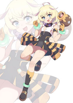 1girl :d adoptable ahoge black_boots black_skirt blonde_hair blue_eyes boots bow bracelet breasts brown_hair buttons cleavage commentary deviantart_logo deviantart_username english_commentary eyelashes full_body gloves high-waist_skirt highres holding jewelry long_hair multicolored_hair open_mouth orange_gloves original purple_bow shirt shoutaro_saito simple_background skirt smile solo two-tone_hair watermark web_address white_background white_shirt zoom_layer