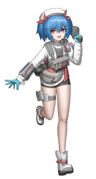 1girl absurdres bandaid bandaid_on_knee bandaid_on_leg beret black_shirt black_shorts blue_gloves blue_hair boots cheogtanbyeong colphne_(girls&#039;_frontline_2) ear_protection finger_on_trigger full_body girls&#039;_frontline girls&#039;_frontline_2:_exilium gloves gun hair_between_eyes hair_ornament hairclip hand_up handgun hat highres holster jacket leg_up load_bearing_vest long_sleeves looking_to_the_side medium_hair multicolored_jacket open_mouth pouch red_eyes red_jacket red_ribbon ribbon shirt short_shorts shorts skindentation smile solo taurus_curve thigh_holster twintails two-tone_jacket weapon white_jacket