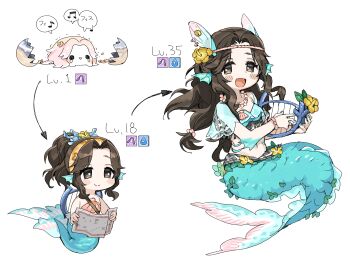 1girl :d ariura_kanna arrow_(projectile) bikini blue_nails blush bracelet brown_eyes chibi dot_nose egg evolution fins flower full_body gills hair_flower hair_ornament hair_up harp head_fins highres idolmaster idolmaster_cinderella_girls instrument jewelry looking_at_viewer map mermaid monster_girl multiple_views musical_note nail_polish navel necklace no_nose open_mouth parted_bangs ponytail see-through_clothes see-through_sleeves shell shell_bikini shell_necklace smile spawnfoxy treasure_map wavy_hair