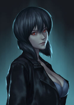 black_jacket breasts cleavage cropped_torso from_side ghost_in_the_shell ghost_in_the_shell:_stand_alone_complex highres jacket kusanagi_motoko looking_at_viewer madarao_56 medium_hair purple_hair red_eyes