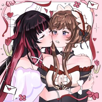 2girls bare_shoulders black_dress black_hair blue_eyes blush bonnet brown_hair cherumimi closed_eyes closed_mouth columbina_(genshin_impact) commentary detached_collar dress english_commentary genshin_impact hair_bun heart highres letter love_letter multicolored_hair multiple_girls parted_lips pink_hair purple_dress sandrone_(genshin_impact) sparkle streaked_hair yuri