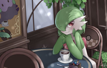 1girl artist_name berry_(pokemon) blurry blurry_foreground blush bob_cut cafe cake cake_slice chair closed_mouth coffee collarbone colored_skin cup day female_focus food gardevoir gen_3_pokemon gen_6_pokemon goomy green_hair green_skin gresy hair_over_one_eye hands_up happy ivy latte_art leppa_berry looking_at_viewer multicolored_skin nintendo on_chair one_eye_covered oran_berry outdoors own_hands_together plate pokemon pokemon_(creature) pokemon_legends:_z-a red_eyes saucer short_hair signature sitting smile solo spoon steam table teacup two-tone_skin upper_body white_skin