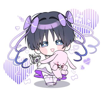 Rule 34 | 1boy, ankle ribbon, bandaid, blue eyes, blunt ends, blush, book, bow, bright pupils, commentary, crossdressing, crossdressing (mtf), dress, feathers, floating, floating book, floating object, genshin impact, grimoire, hair bow, hair intakes, heart, highres, holding, holding stuffed toy, leg ribbon, looking at viewer, male focus, multicolored hair, open book, open mouth, pink hair, pom pom (clothes), purple bow, purple ribbon, purple thighhighs, ribbon, scaramouche (genshin impact), shadow, skalamushu, solo, standing, streaked hair, string, stuffed animal, stuffed toy, symbol-only commentary, syringe, thighhighs, white background, white dress, white pupils, wispy bangs, yellow feathers