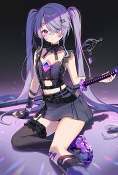 1girl :o arm_support artist_name bandaid bandaid_on_cheek bandaid_on_face bandaid_on_knee bandaid_on_leg bandaid_on_nose belt black_belt black_ribbon black_skirt black_thighhighs blush chest_jewel commentary cracked_skin feet fingernails flat_chest foot_focus gem hair_ornament hair_over_one_eye hairclip hand_jewel highres holding holding_sword holding_weapon hololive hololive_english jewel_under_eye katana koseki_bijou koseki_bijou_(casual) long_fingernails long_hair looking_at_viewer metal_wings midriff nail_polish navel neck_ribbon official_alternate_costume official_alternate_hairstyle parted_lips purple_eyes purple_gemstone purple_hair purple_nails ribbon shade single_thighhigh sitting skirt solo sword thighhighs tomato_(sword) twintails very_long_hair virtual_youtuber weapon yenkoes
