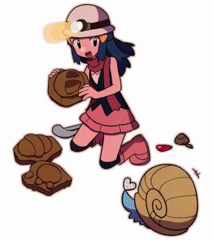 1girl black_hair blue_eyes blue_hair boots breasts dawn_(pokemon) fossil gen_1_pokemon hair_ornament hairclip hat heart_scale holding long_hair miner mining_helmet nintendo omanyte open_mouth pink_boots pink_skirt pokemon pokemon_(creature) pokemon_dppt red_scarf scarf shell shirt simple_background skirt sleeveless smile tyako_089 white_background