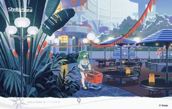 1girl blue_shirt collared_shirt commentary copyright_logo copyright_name copyright_notice employee_uniform english_commentary green_eyes green_hair instant_onion lamppost logo long_hair neck_ribbon one_side_up patio_umbrella pixel_art plant portia_(stella_sora) ribbon round_table sandals shirt shopping_cart sideways_hat sleeves_rolled_up solo stella_sora string_of_flags table very_long_hair visor_cap walking yellow_ribbon