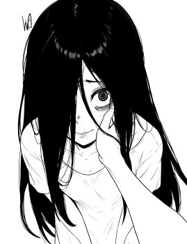1girl 1other absurdres bags_under_eyes closed_mouth collarbone commentary english_commentary ghost_girl greyscale hair_over_one_eye highres long_hair looking_at_viewer lughost monochrome scar scar_on_face scar_on_mouth shirt signature smile solo_focus the_ring wide-eyed yamamura_sadako