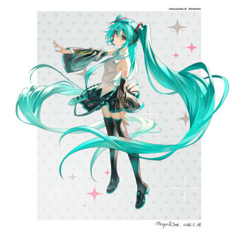 1girl absurdres aqua_eyes aqua_hair aqua_nails aqua_necktie artist_name bare_shoulders black_skirt black_sleeves black_thighhighs breasts character_name collared_shirt dated detached_sleeves grey_shirt hair_ornament hatsune_miku headset highres long_hair looking_at_viewer mogurine necktie number_tattoo shirt skirt sleeveless sleeveless_shirt solo tattoo thighhighs twintails very_long_hair vocaloid