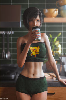 Rule 34 | 1girl, 3d, black hair, blurry, blurry background, boxers, breasts, character print, commentary, covered erect nipples, cup, disposable cup, drinking, final fantasy, final fantasy vii, final fantasy vii remake, highres, kitchen, male underwear, navel, solo, spectra 3d, stomach, strapless, thighs, toned, toned female, tube top, underwear, yuffie kisaragi