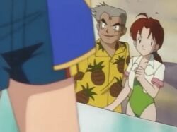 1990s_(style) 1997 1girl 2boys animated animated_gif ash_ketchum brown_eyes brown_hair collarbone delia_ketchum female_focus green_one-piece_swimsuit grey_hair hair_intakes jacket long_hair low_ponytail lowres mature_female mother_and_son multiple_boys nintendo one-piece_swimsuit open_clothes open_shirt outdoors pokemon pokemon_(anime) pokemon_(classic_anime) pokemon_ep018 ponytail professor_oak red_hair retro_artstyle short_sleeves shorts smile solo standing swimsuit tagme