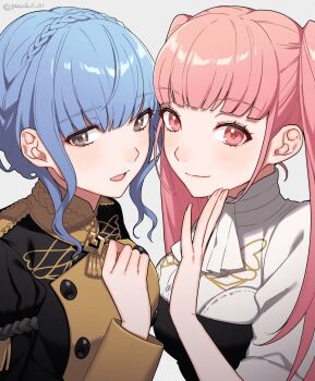 2girls ascot black_dress blue_hair blush braid breasts brown_eyes cleavage crown_braid dress fire_emblem fire_emblem:_three_houses garreg_mach_monastery_uniform hand_on_own_chest hand_on_own_face hand_up highres hilda_valentine_goneril long_hair long_sleeves looking_at_viewer marianne_von_edmund medium_breasts multiple_girls nintendo open_mouth pink_eyes pink_hair shamu_(peach11_01) shirt short_hair simple_background smile twintails upper_body white_ascot white_background white_shirt