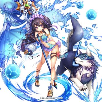 1girl black_hair bracelet braid braid_ribbon braided_ponytail dmm hair_ornament hydrokinesis hypnos_(kamihime_project) jewelry kamihime_project navel necklace one-piece_swimsuit pet purple_eyes sandals single_braid smile swimsuit tagme thigh_strap water wolf