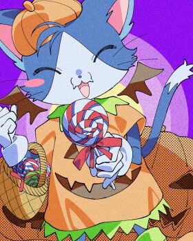 1other alternate_costume basket bat_wings blush_stickers cait_sith_(final_fantasy) candy cat closed_eyes commentary final_fantasy final_fantasy_vii food gloves halloween_costume highres holding holding_basket holding_candy holding_food holding_lollipop lollipop looking_at_viewer mob_bouto_1 no_humans open_mouth pumpkin_costume pumpkin_hat purple_background single_blush_sticker smile symbol-only_commentary tuxedo_cat two-tone_fur white_gloves wings