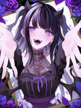 1girl :d aegyo_sal amanegi_toro bare_shoulders beckoning black_collar black_hair black_horns black_shirt black_wings bow bow_skirt breasts bright_pupils broken_glass choppy_bangs clothing_cutout collar commentary demon_girl demon_horns demon_wings dress earrings fangs fingernails flower foreshortening glass halter_dress halterneck happy heart heart-shaped_pupils heart_collar heart_earrings high-waist_skirt highres horns jewelry lace light_blush long_hair long_sleeves looking_at_viewer low_wings medium_breasts open_hands open_mouth original outstretched_arms picture_frame purple_eyes purple_flower purple_hair purple_ribbon purple_rose purple_skirt ribbon rose see-through_cleavage see-through_clothes shirt shoulder_cutout sidelocks skirt smile solo straight-on symbol-shaped_pupils through_medium through_painting two_side_up upper_body white_background white_bow white_pupils wings