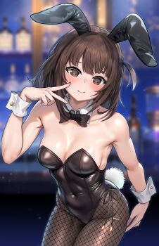 1girl absurdres akishino_yuzuki animal_ear_hairband animal_ears artist_request bar_(place) black_bow black_bowtie black_leotard bow bowtie brown_eyes brown_hair commentary_request cowboy_shot detached_collar fake_animal_ears fishnet_pantyhose fishnets hairband highres indie_virtual_youtuber leaning_forward leotard medium_hair one_side_up pantyhose playboy_bunny rabbit_ears rabbit_tail second-party_source side-tie_leotard solo strapless strapless_leotard tail virtual_youtuber wrist_cuffs