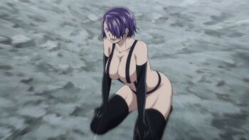 1girl angry bare_shoulders bikini black_bikini black_gloves black_sleeves black_thighhighs blush bondage_outfit bound breasts cleavage collarbone ears ethel_borgnine gloves hair_over_one_eye hands_on_own_knees highres kneeling large_breasts long_sleeves lower_teeth_only motion_lines on_floor on_ground open_mouth panties purple_eyes purple_hair screencap short_hair sitting sitting_on_feet slave solo speed_lines string_bikini string_panties swimsuit teeth thighhighs thighs underwear underwear_only yuusha_ga_shinda!