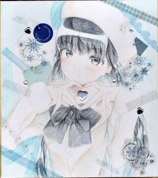 Rule 34 | 1girl, absurdres, alternate costume, amagami, ayatsuji tsukasa, beret, black eyes, black hair, black ribbon, blush, closed mouth, commentary request, earrings, fashion, hat, heart, heart hands, highres, jacket, jewelry, long hair, long sleeves, looking at viewer, neck ribbon, ribbon, solo, traditional media, upper body, usurai rairai, white hat, white jacket